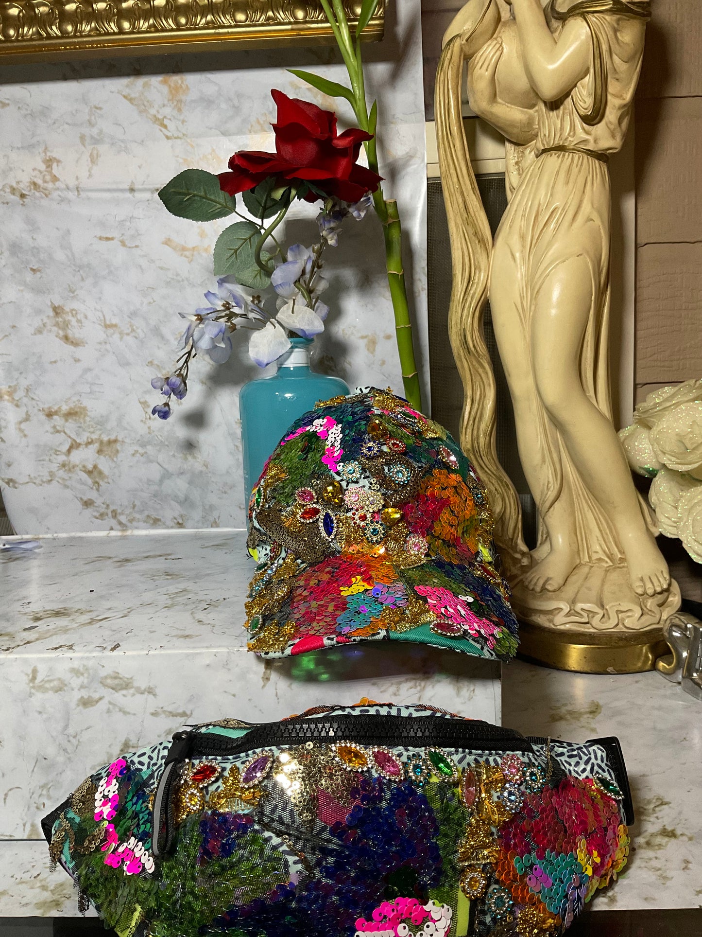 High Roller Cap & Fanny Pack Blue Sequin Set